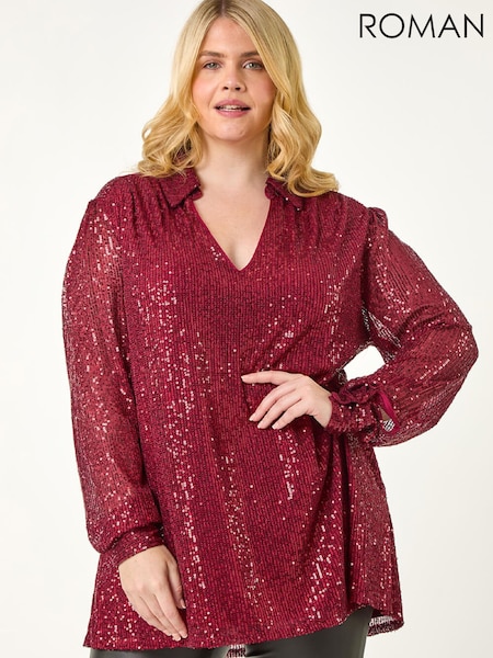 Roman Curve Sequin V-Neck Stretch Shirt (G19195) | R$ 700