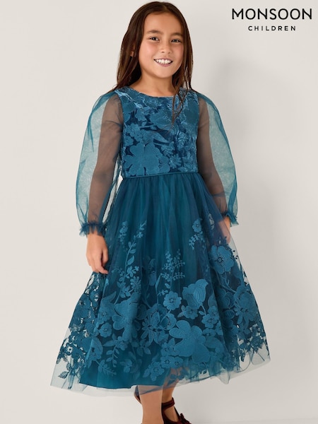 Monsoon Blue Alicia Long Sleeve Floral Embroidered Dress (G19225) | AED426 - AED497