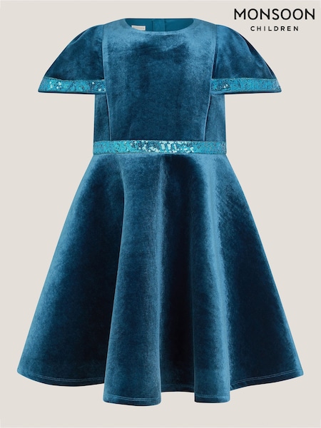 Monsoon Blue Viola Sequin Velvet Party Dress (G19232) | AED377 - AED440