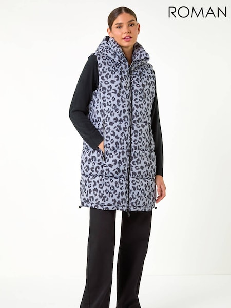 Roman Grey Animal Print Longline Quilted Gilet (G19276) | €83