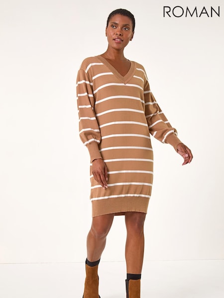 Roman Brown Stripe Print Knitted Jumper Dress (G19281) | €58