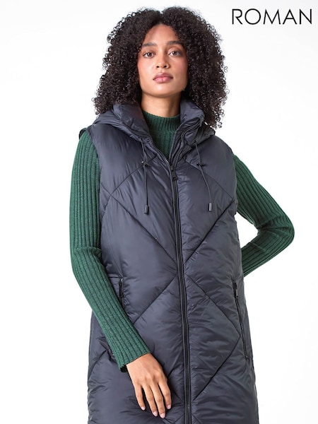 Roman Black Longline Quilted Hooded Gilet (G19284) | €77