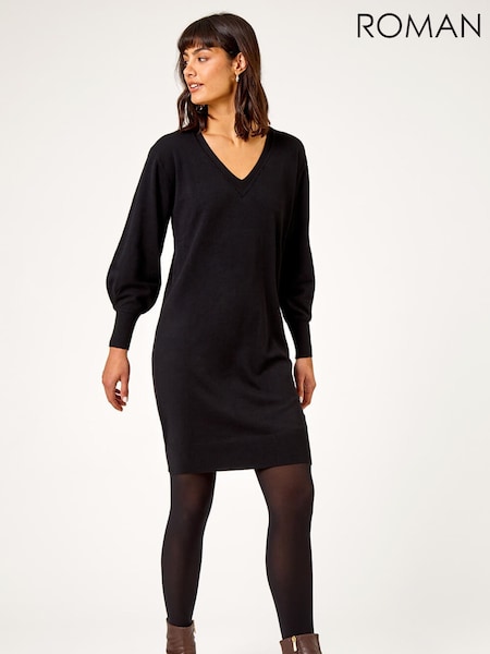 Roman Black V-Neck Knit Jumper Dress (G19290) | €60