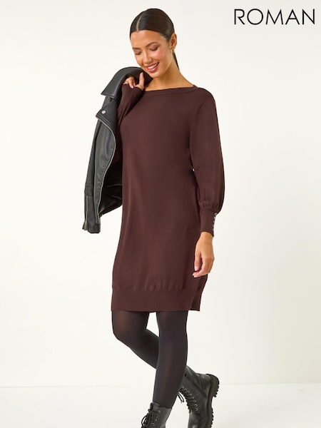 Roman Brown Button Detail Knitted Stretch Dress (G19291) | €56