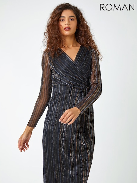 Roman Black Shimmer Stripe Print Midi Wrap Dress (G19293) | €120