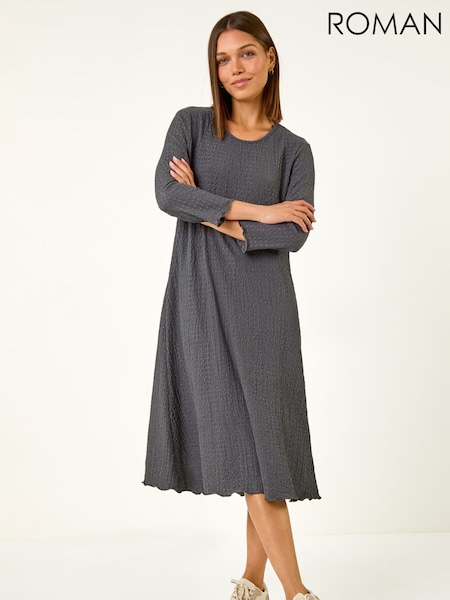 Roman Grey Textured A-Line Stretch Midi Dress (G19299) | R$ 545