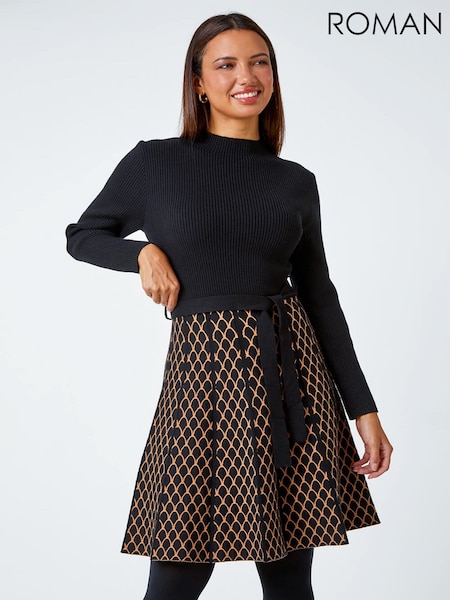 Roman Natural Contrast Skirt Ribbed Jumper Dress (G19302) | €103