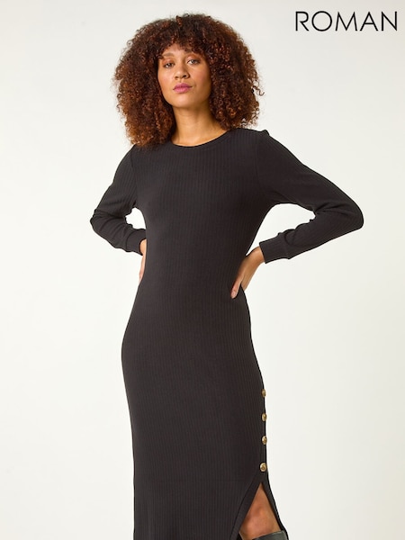 Roman Black Ribbed Button Detail Midi Dress (G19303) | €66