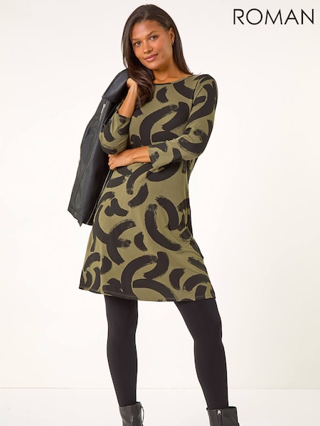 Roman Green Brushstroke A-Line Stretch Dress (G19319) | €74