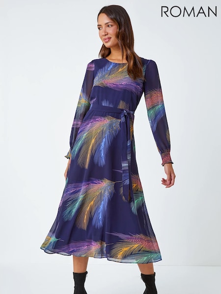 Roman Purple Feather Print Belted Midi Dress (G19324) | €103