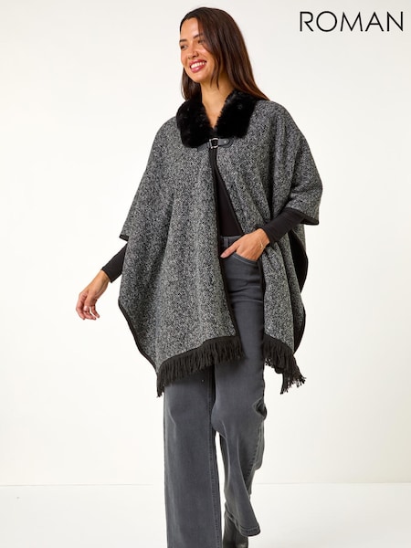 Roman Grey Faux Fur Fringe Hem Poncho (G19331) | €69