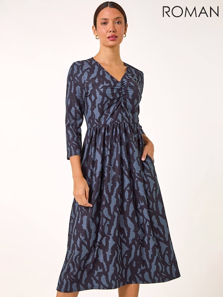 Roman Blue Textured Wave Print V-Neck Midi Dress (G19332) | €64
