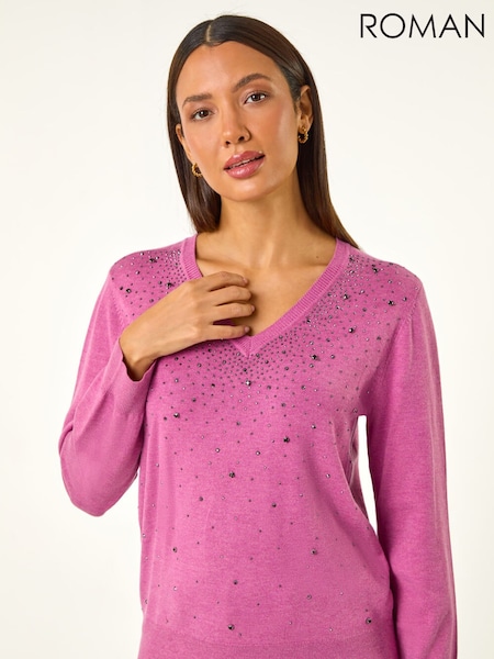 Roman Purple V-Neck Sparkle Hotfix Knit Jumper (G19343) | €53
