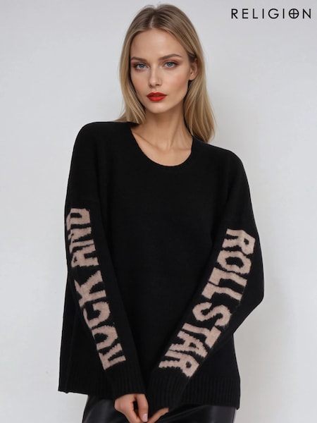 Religion Black Oversized Rock N' Roll In Soft wool mix yarn with slogan sleeves Jumper (G19357) | €112