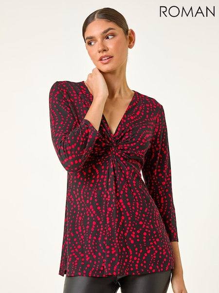 Roman Red Abstract Spot V-Neck Twist Front Blouse (G19359) | R$ 485