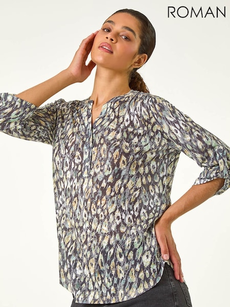 Roman Green Animal Print Stretch Burnout Tunic Top (G19362) | €53