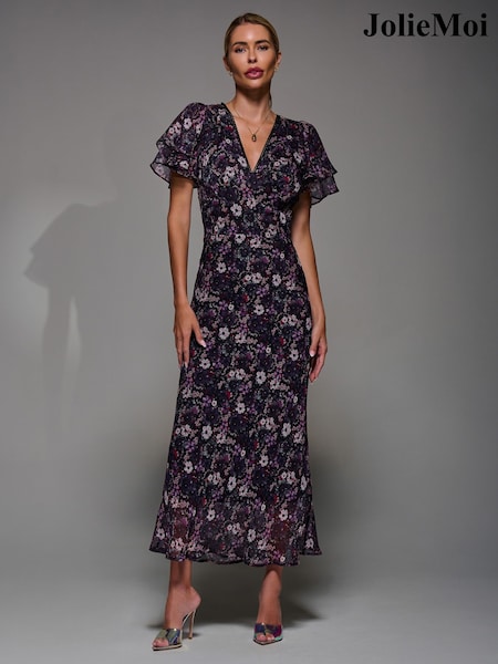 Jolie Moi Purple V-Neck Frill Sleeve Chiffon Midaxi Dress (G19711) | € 123