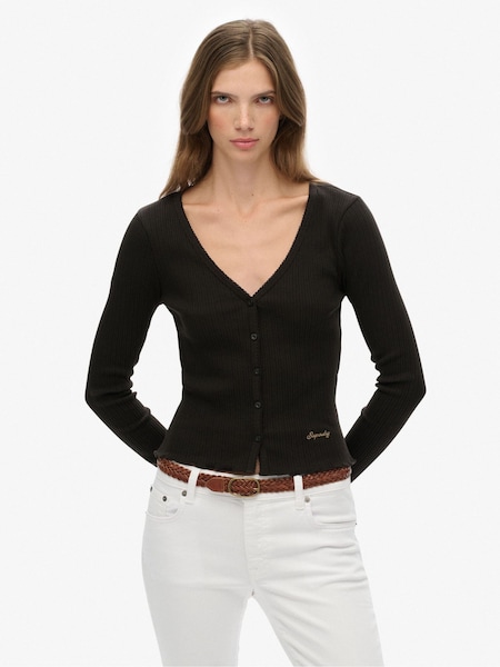 Superdry Black Essential Button Through Long Sleeve Top (G19725) | 124 QAR