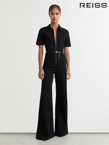 Reiss Black Danie Wide-Leg Zip-Through Denim Jumpsuit (G19743) | €365