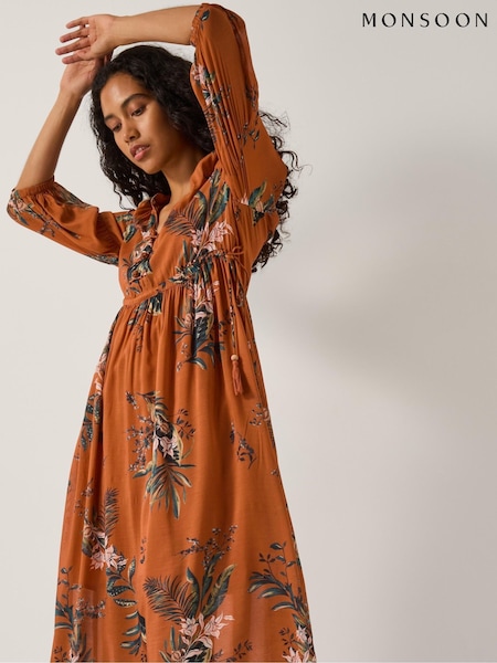 Monsoon Brown Georgie Botanical Print Midi Dress (G19768) | €127