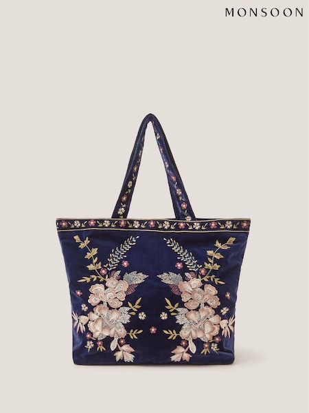 Monsoon Blue Fallon Floral Embroidered Velvet Tote Bag (G19773) | AED391