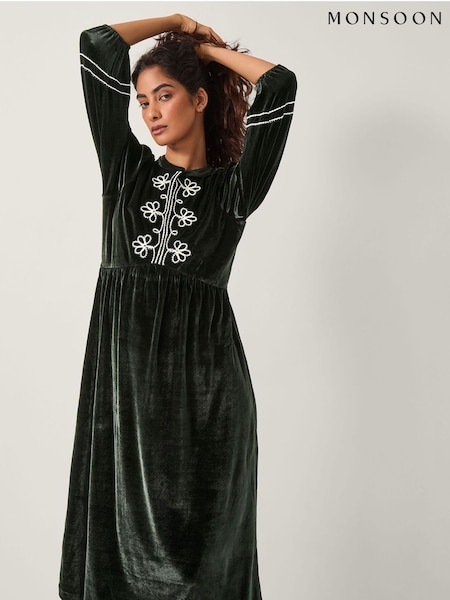 Monsoon Black Venus Embroidered Velvet Midi Dress (G19776) | €108
