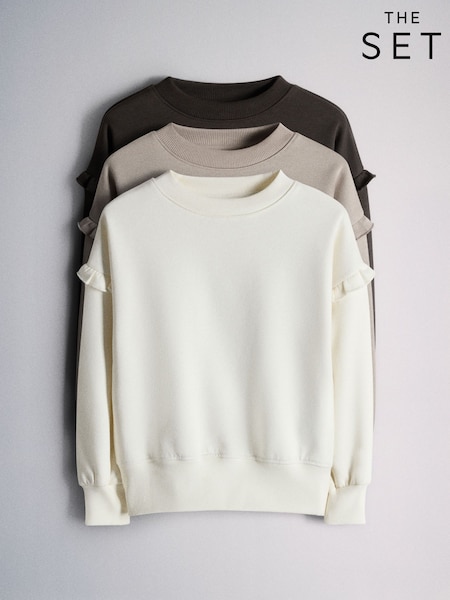 Chocolate Brown/Mid Brown/Cream - The Set 3 Pack Frill Sleeve Crew Sweatshirts
