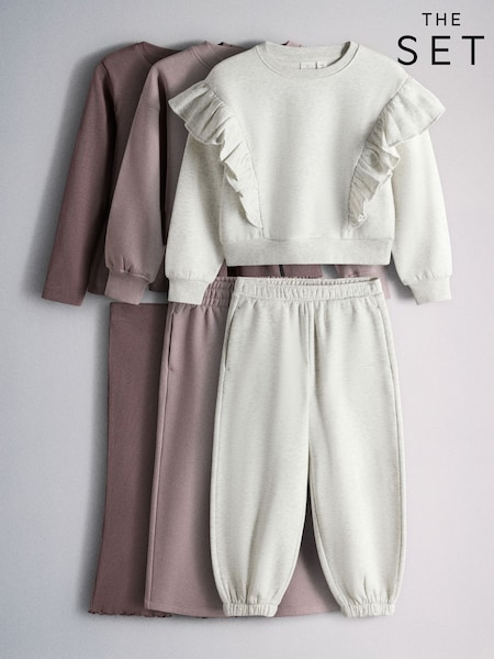 Μωβ/Λιλά/Γκρι Marl - The Set 6 Piece Frill Crew Neck Long Sleeve Peplum Rib Flare Balloon Leg And Wide Leg T-shirt And Joggers Set