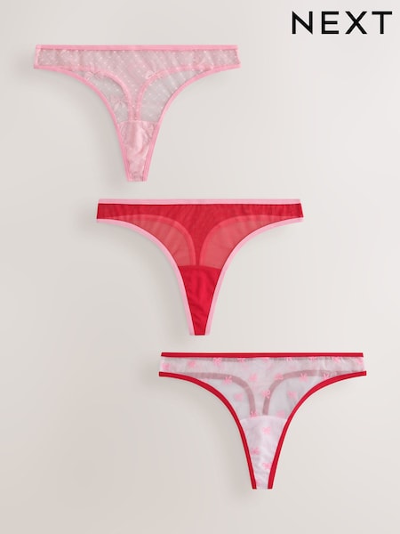 Pink/Red - Mesh And Lace Bow Knickers 3 Pack
