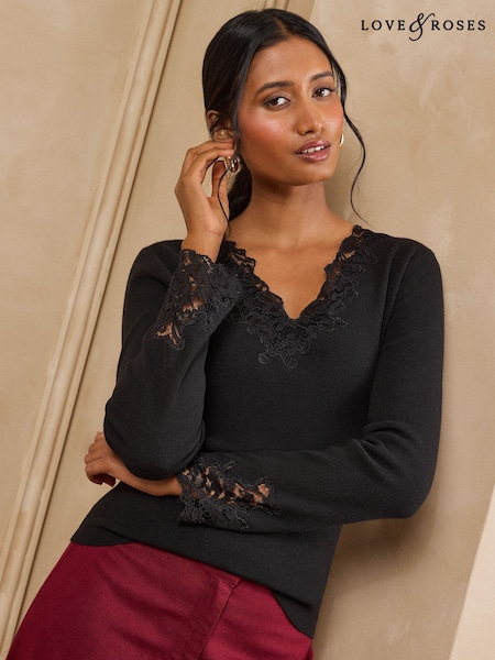 Schwarz - Love & Roses Lace Detail V-neck Long Sleeve Knitted Top