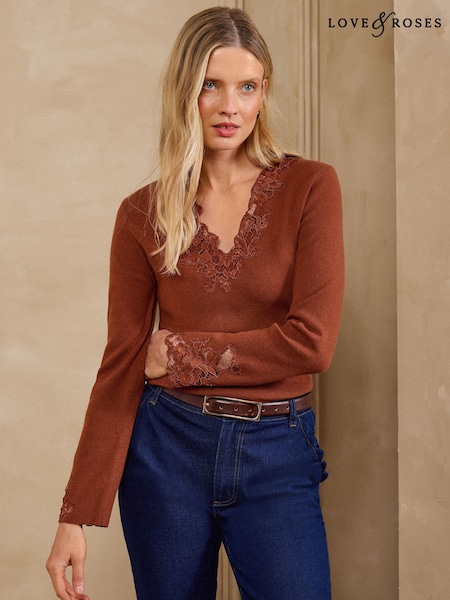Marron rouille - Love & Roses Lace Detail V-neck Long Sleeve Knitted Top
