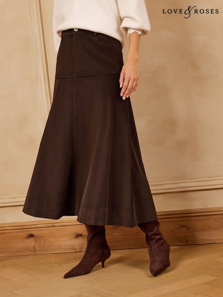 Chocolate Brown - Love & Roses Drop Waist Cord Midi Skirt