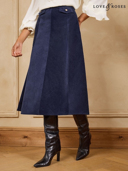 Navy Blue - Love & Roses Cord Full Circle Midi Skirt