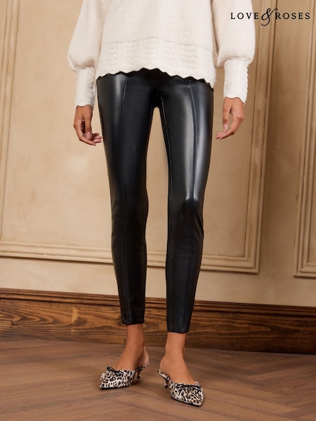 Black - Love & Roses Faux Leather Skinny Trousers