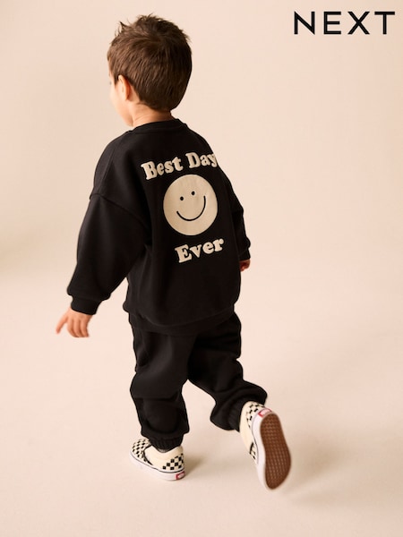 Black - Back Print Crew Neck Joggers Set (3mths-7yrs)