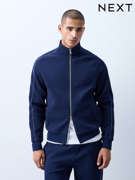 أزرق داكن أزرق - Regular Textured Pique Zip Up Funnel Sweat Top