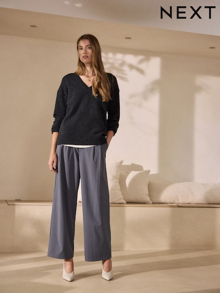 Grey Pinstripe - N.premium Wide Leg Tailored Jersey Trousers