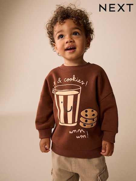 Mocha Brown - Printed Crew Neck Sweat Top (3mths-7yrs)