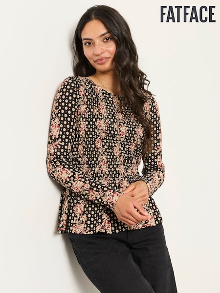 Black Linear Sketch - Fatface Shirred Peplum Top