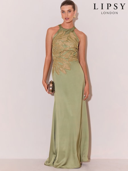 Olive Green - Lipsy Premium Satin Mesh Artwork Column Maxi Dress