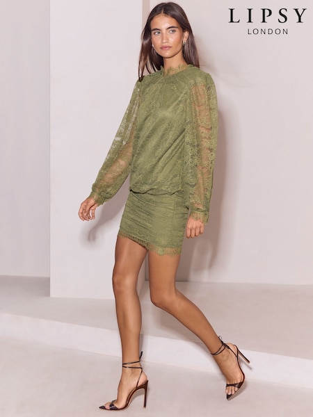 Olive Green - Lipsy Long Sleeve Lace Blouson Mini Dress