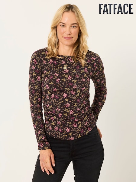 Brown Winter Floral - Fatface Ruched Long Sleeve Top