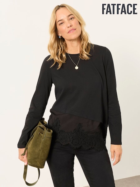 Black - Fatface Lace Trim T-shirt