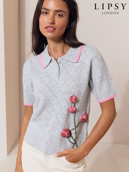 Grey Pink Piping - Lipsy 3d Flower Detail Knitted Polo Top