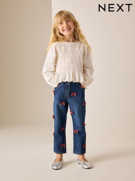 Denim/ Red Tartan Bows - Mom Jeans (3-16yrs)