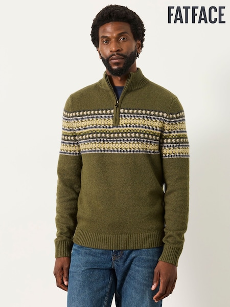 Khakigrün - Regular Fatface Pattern Quarter Zip Knitted Jumper