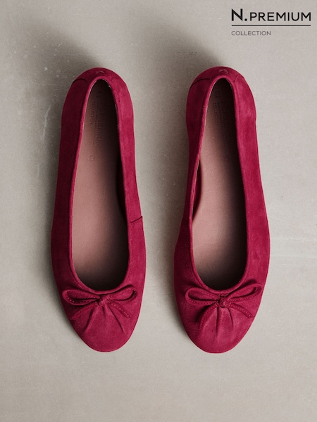 Red - N. Premium Leather Ruched Ballerina Shoes