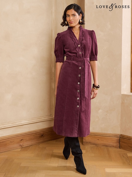 Burgundy Red - Love & Roses Cord Scallop Detail Midi Dress