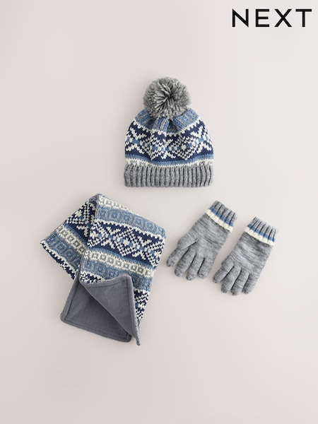 Blue/Grey - Cable Beanie Scarf And Gloves Set (3-16yrs)