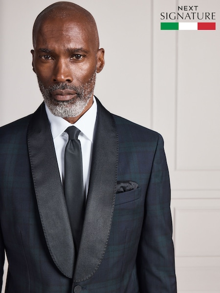 أسود/أخضر - Regular Signature Tailored Fit Marzotto Shawl Tartan Tuxedo Suit Jacket